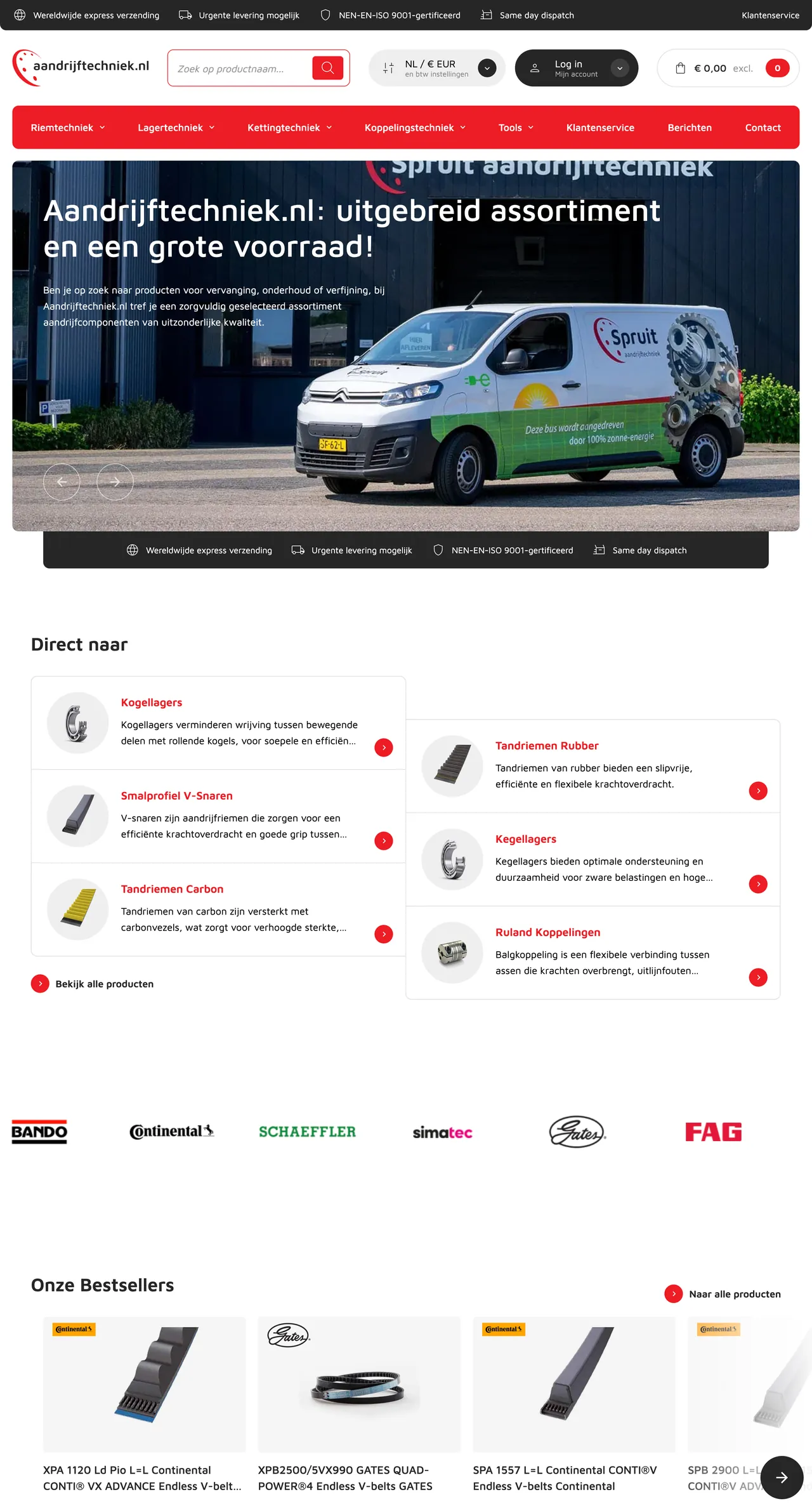 De homepage van aandrijftechniek.nl, van boven tot onder