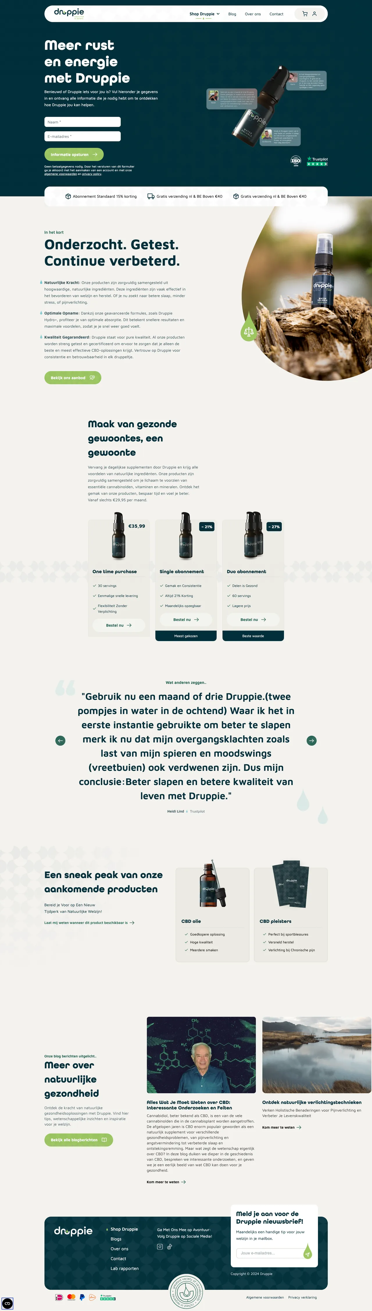 De homepage van druppie.nl, van boven tot onder