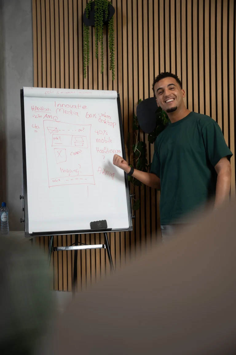 Collega lacht bij het whiteboard met een uitgewerkt plan